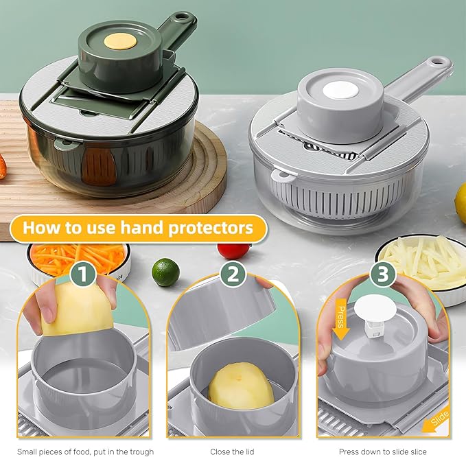 Mandoline Slicer with Hand Protector, Interchangeable Blade Vegetable Slicer Mandoline, Cucumber Slicer with Colander for Potato, Tomato, Carrot (Grey)