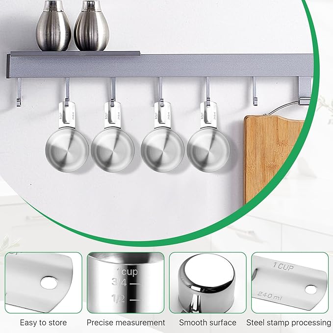 1 Cup Stainless Steel Measuring Cup, 4 Pcs 240 ml Single Measuring Cups Metal Measure Scoop, Kitchen Cooking Gadgets for Wet and Dry Ingredients (8 oz, 240 cc)