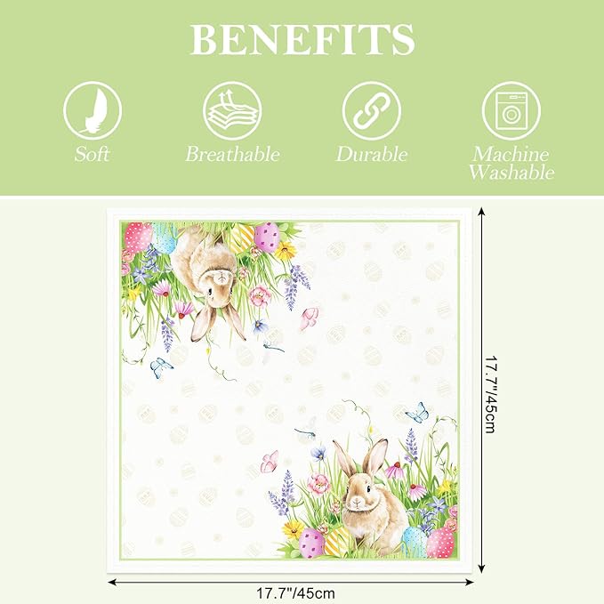 Easter Bunny Napkins, 18×18 Inch Egg Grass Dinner Cloth Napkins Set of 4, Washable Cotton Soft Absorbent Square Napkins for Dining Kitchen Party Wedding Decoration