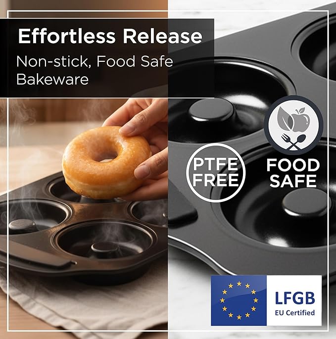 Wrenbury Donut Pan for Baking - Non-Stick Carbon Steel 6-Cup Mold with Silicone Grip Handles, PFOA Free, Easy Release, Even Heating, Oven and Dishwasher Safe, 3.5 Inch Large Cups