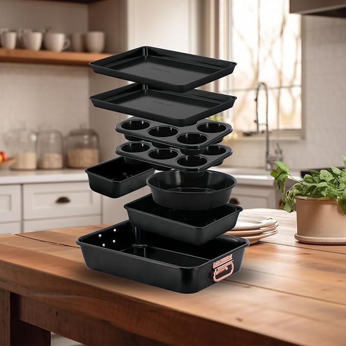 Prime Cuisine Nonstick Ceramic Bakeware Set – 8 Piece Baking Pans Set, Oven Safe to 450°F, Includes Muffin Pans, Cookie Sheets, Loaf, Roaster, Round & Square Pans, BPA-Free