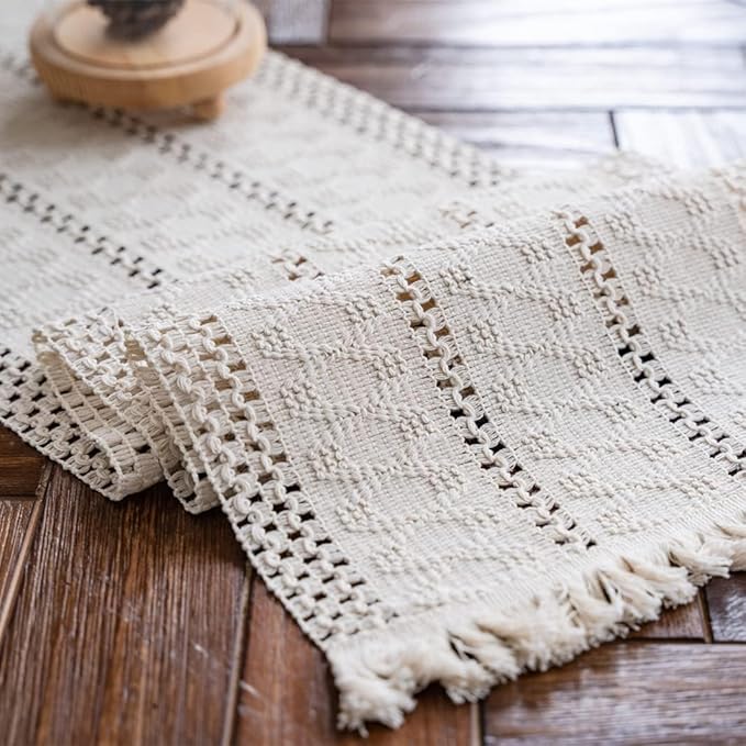 Alynsehom Macrame Table Runner Cream Beige Boho Table Runners with Tassels Hand Woven Cotton Table Runner Rustic Farmhouse Table Runners for Bohemian Kitchen Dining Table(12x48in)