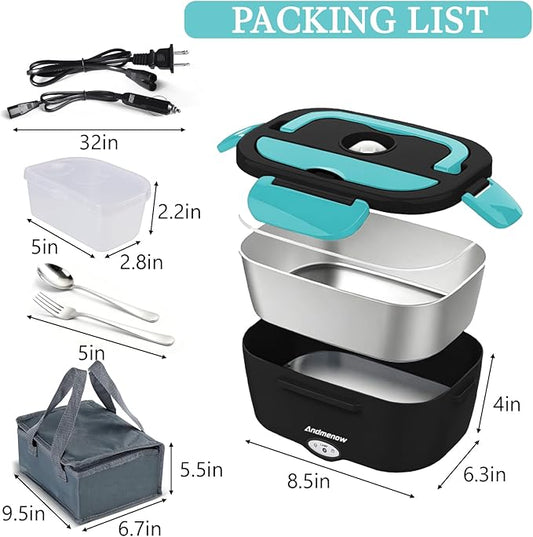 Electric Lunch Box 80W Food Heater with Dual Container, Portable Lunch Warmer for Adults, Upgraded Heated Lunch Box for Car/Truck/Office,110/24/12V 1.5L Black+Blue
