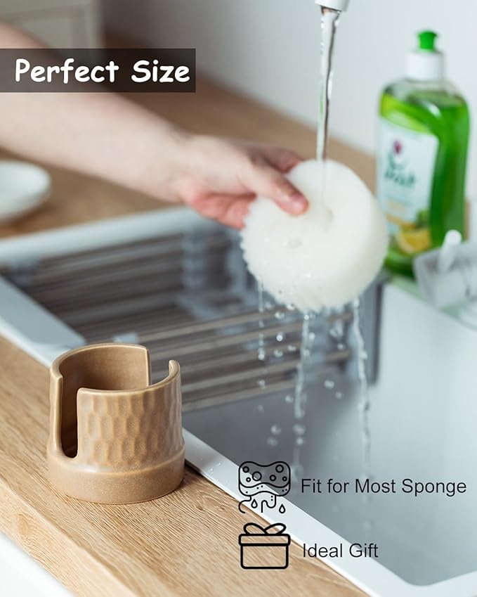 Sponge Holder for Kitchen Sink, Ceramic Sink Scrub Sponge Tray Dish Rack for Scrubbers, Kitchen Organizer, Brown
