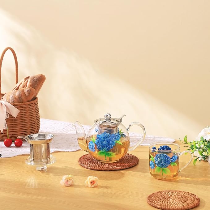 1000ml/35oz Hand Painted Pattern Glass Teapot For Stovetop,Tea Pot For Loose Tea,Glass Tea Kettle With Infuser (Hydrangea)