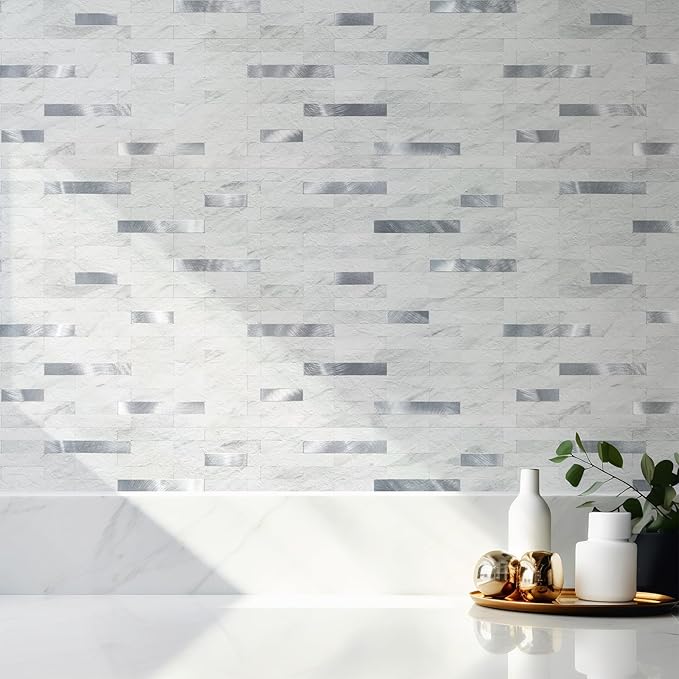 2 Sheets Peel and Stick Backsplash for Kitchen, White Marble with Metal Silver Look Stick on Tile Upgrade Your Kitchen Backsplash, RV, Fireplace