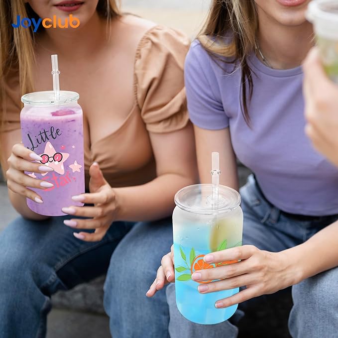 Joyclub 12 Pack Sublimation Cups 16 OZ Clear Glass Cans Blanks with Lids Mason Jars for Iced Coffee Beer Juice and Soda Drinks