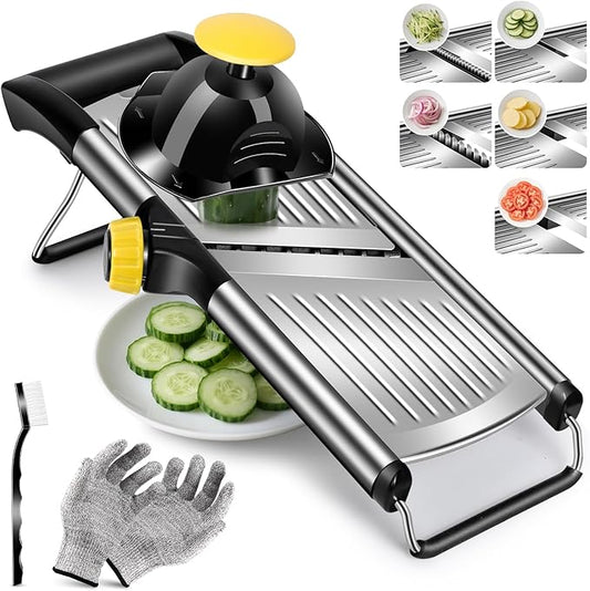 Masthome Adjustable Mandoline Food Slicer, Mandoline Slicer for Kitchen, Stainless Steel Mandolin, Fruit and Vegetable Cutter with Cut-Resistant Gloves and Cleaning Brush-Yellow