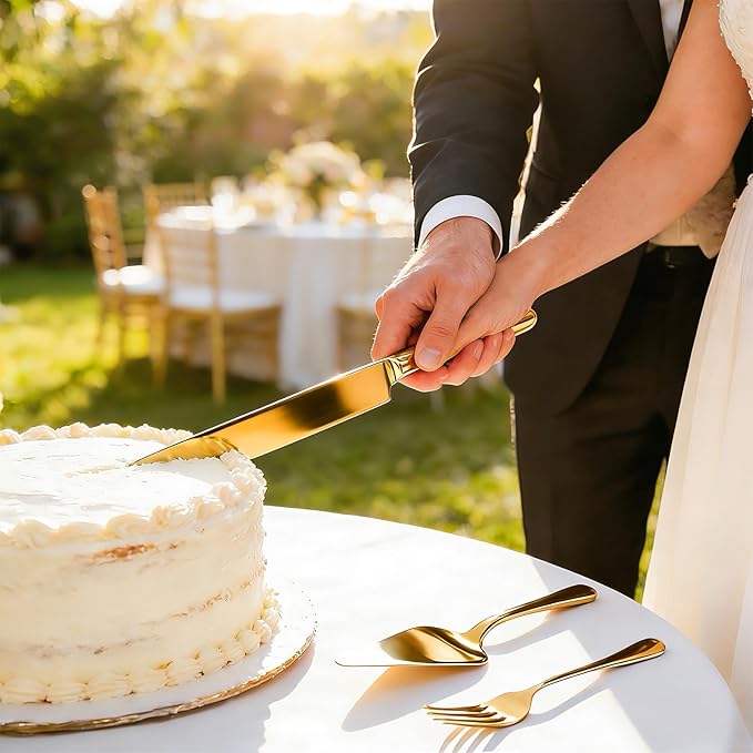 SUREAM Gold Cake Slicer 4PCS, 13 Inch Extended Wedding Cake Knife Stainless Steel, Pie Knife and Server for Wedding Birthday Anniversary Christmas Party and Event Gift
