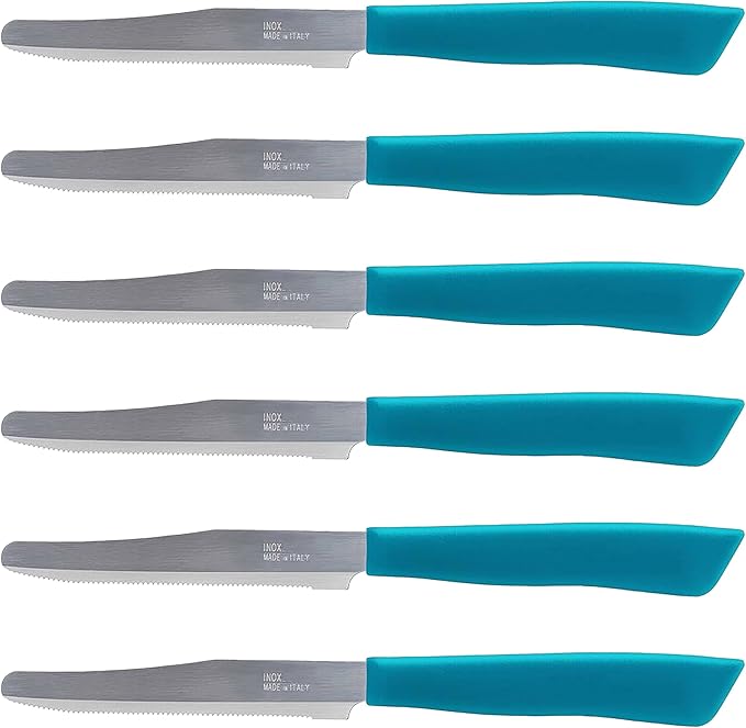 Tredoni 6 kitchen Knives - 4.3"/11cm Italian Stainless Steel Serrated Vegetable/Steak/Table Knife Cutlery, Rounded Tip (Azure)