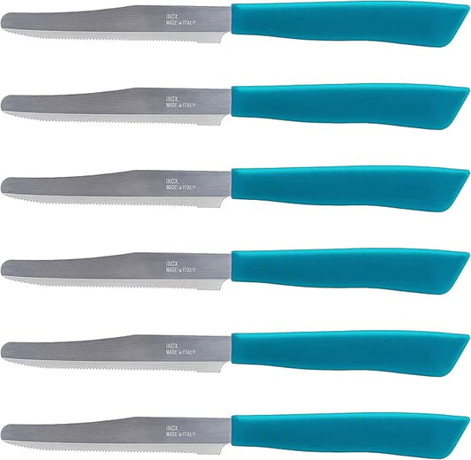 Tredoni 6 kitchen Knives - 4.3"/11cm Italian Stainless Steel Serrated Vegetable/Steak/Table Knife Cutlery, Rounded Tip (Azure)