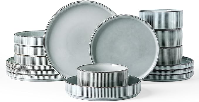 Famiware Star Dinnerware Set with Pasta Bowls, Service for 4 (16pcs), Ribbed Stoneware Plates and Double Bowls Dishes Sets - Chip & Scratch Resistant, Microwave & Dishwasher Safe, Smoky Blue