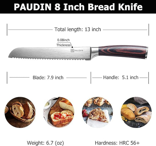 PAUDIN Bread Knife 8", Ultra Sharp Wave Edge - Forged Premium German HC Stainless Steel, Serrated Bread Knife for Homemade Bread and Sourdough Bread, Pakkawood Handle