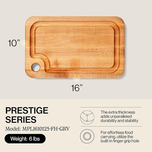 John Boos Prestige Series Rectangular Wooden Maple Cutting Board 16”x10” – 1.25” Thick, 6-lb Reversible Butcher Block with Juice Groove, Edge-Grain & Finger Grip Hole – Made in the USA