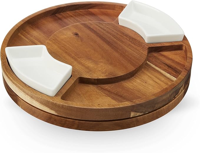 Twine Rotating Wood Serving Board - Round Charcuterie Board - Lazy Susan Wooden Cheese Board Set with Ceramic Dishes - Set of 1