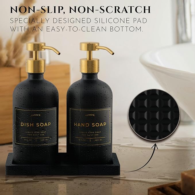 Lotion, Hand & Dish Soap Dispenser for Kitchen & Bathroom | Soap Dispenser Set of 2 16.8 Oz Glass Bottles with Stainless Steel Pump, 15 Water Proof Labels & Silicon Tray (Black/Gold)