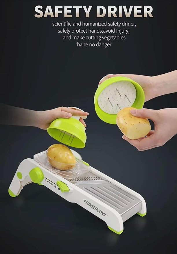 Adjustable Stainless Steel Mandoline Slicer – Multifunctional Vegetable Cutter & Julienne Tool with Safety Guard and Container – Ideal for Potatoes, Cucumbers, Carrots, Onions, Tomatoes