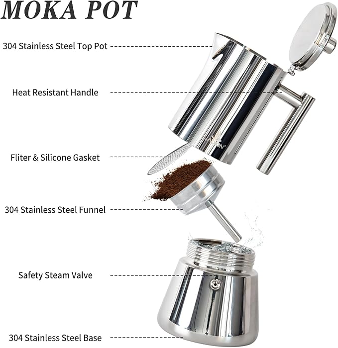 LAOION Stovetop Espresso Maker, 4Cup 6.8 oz Moka Pot, Stainless Steel Cuban and Italian Coffee Maker for Cafetera Cubana, Greca De Cafe Induction Stovetop Compatible, Coffee Gift for Home Travel