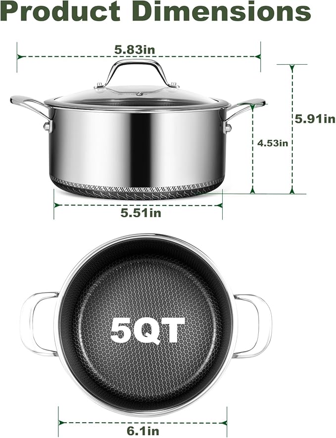 Bakoniion Hybrid Nonstick 5 QT Stockpot with Lid Two Handles, Stainless Steel Stockpot with Honeycomb Texture,Compatible with All Cooktops,Dishwasher and Oven Safe