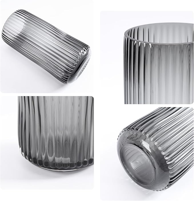 Modern Grey Glass Vase-11 Inch Tall Ribbed Glass Cylinder Vases for Flowers, Bouquet, Desk, Dining Table, Shelf, Decorative Flower Vase for Centerpieces, Home Decor, Living Room, Wedding
