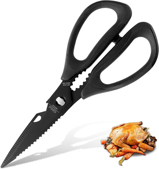 Kitchen Shears Kitchen Scissors Come Apart with Serrated Blade Premium Black Titanium Plated Stainless Steel Kitch Scissors for Food Heavy Duty Chicken Bone Nutcracker Bottle Can Opener 01A