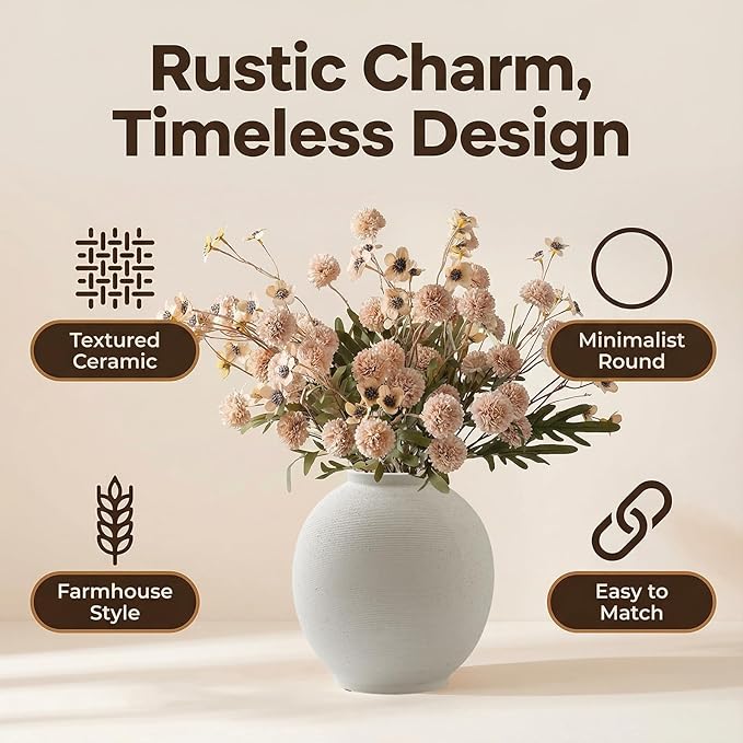 Large White Ceramic Flower Vase Home Decor, Round Rustic Table Vases Farmhouse Living Room Entrway Kitchen Bedroom Decorations，Minimalist Hand-Made Textured Vase (10.8” Sandstone White)