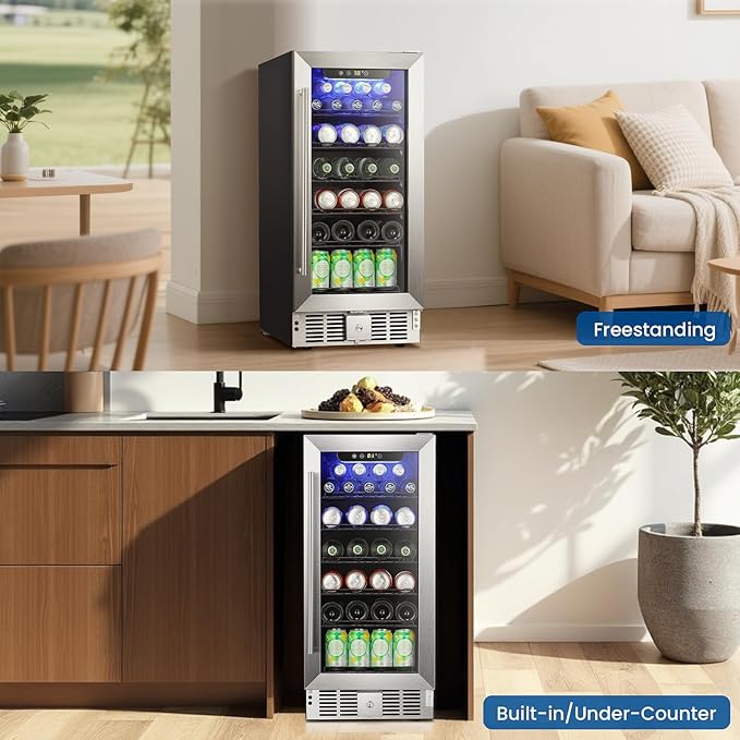 Antarctic Star 115 Can Beverage Refrigerator Cooler, 2.9 Cu.Ft Mini Fridge with Safety Lock, Beverage Cooler with Glass Door/LED Light/Adjustable Removable Shelves for Home/Office/Bar(Stainless Steel)