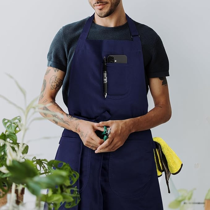 Unisex Apron with Pockets for Cooking, Salon & Art - 100% Cotton Adult Kitchen, Chef, Stylist Apron (Blue)