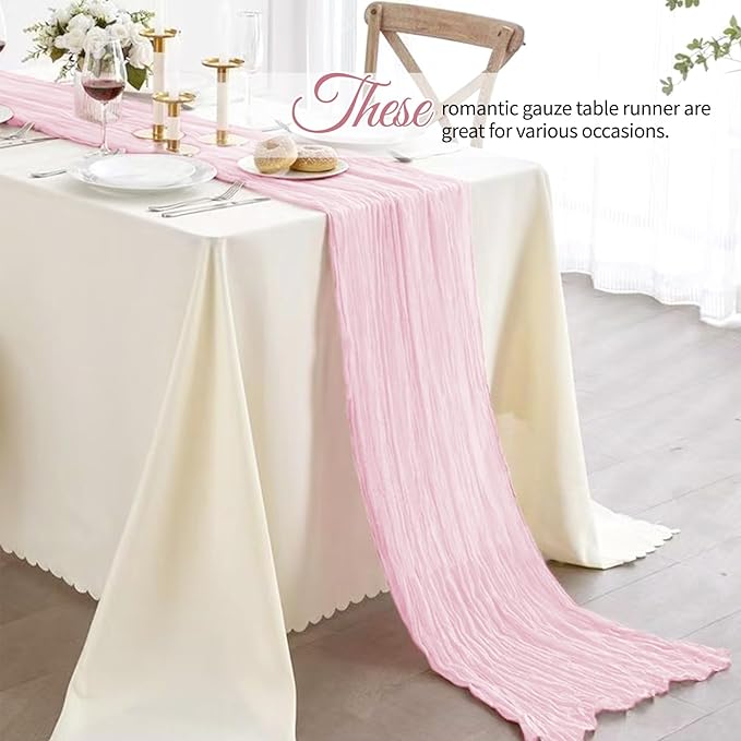 4 Pack Light Pink Cheesecloth Table Runner 10Ft, Boho Table Runners 21.5 x 120 inch,Semi Sheer Cheese Cloth Fabric Runner Bulk for Wedding,Party,Baby Shower,Bridal Shower
