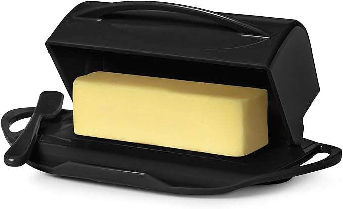 Butterie Flip-Top Butter Dish with Lid & Matching Knife, Holds 2 Sticks/European Butter, No-Mess Butter Holder, Shatterproof, Dishwasher Safe, Black