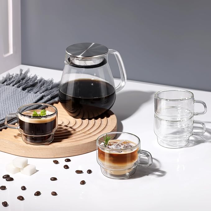 glastal 4 oz Stackable Glass Cups Espresso Cups Double Walled Espresso Glasses Set of 4, 120ml Coffee Tea Glasses Expresso Shots Cup Set for Tea, Milk, Gifts for Women Man - German Quality