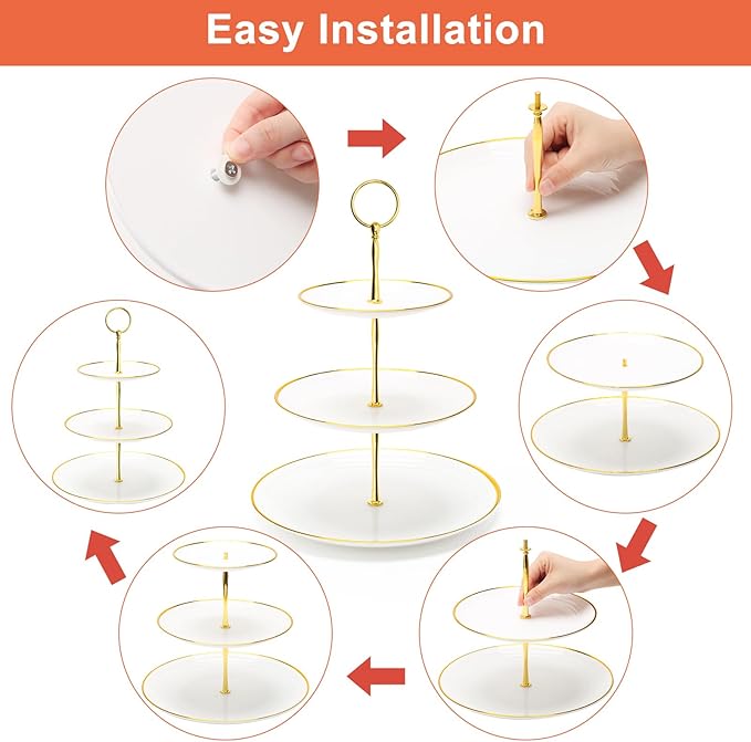 Coitak 3 Tier Cupcake Stand, Plastic Tiered Serving Stand, Dessert Tower Tray for Tea Party, Birthday and Wedding (Round-gold edge)