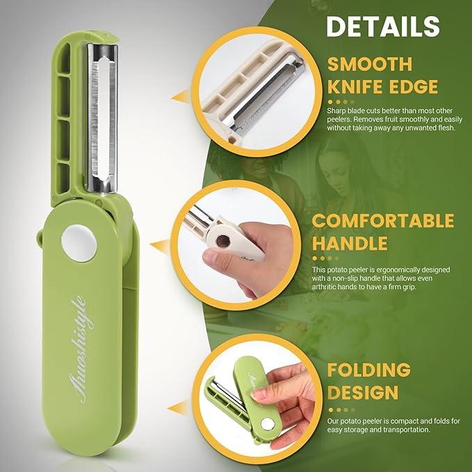4Pcs Foldable Vegetable Peeler for Travel Camping Kitchen, Small Swivel Potato Peelers with Sharp Stainless Steel Blade for Apple Veggie Carrot Fruit Cucumber