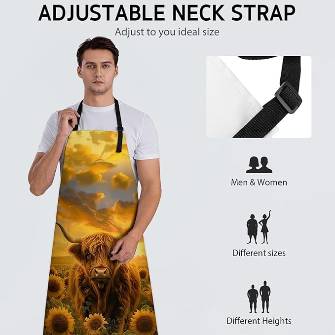 Highland Cow in Sunflower Field Apron, Adjustable Kitchen Sunset Design Aprons with Pockets for Cooking BBQ Gardening, 28×33 IN, Holiday Gifts for Women Wife, for Chef Baking, Oxford Fabric
