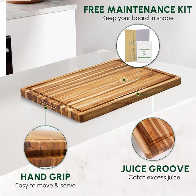 BEEFURNI Teak Wood Cutting Board with Juice Groove Hand Grip (XL, 24x18x1.5"), Extra Large Cutting Boards for Kitchen, Butcher Block, Serving & Charcuterie Board, Christmas Gift Box, 1-year Warranty