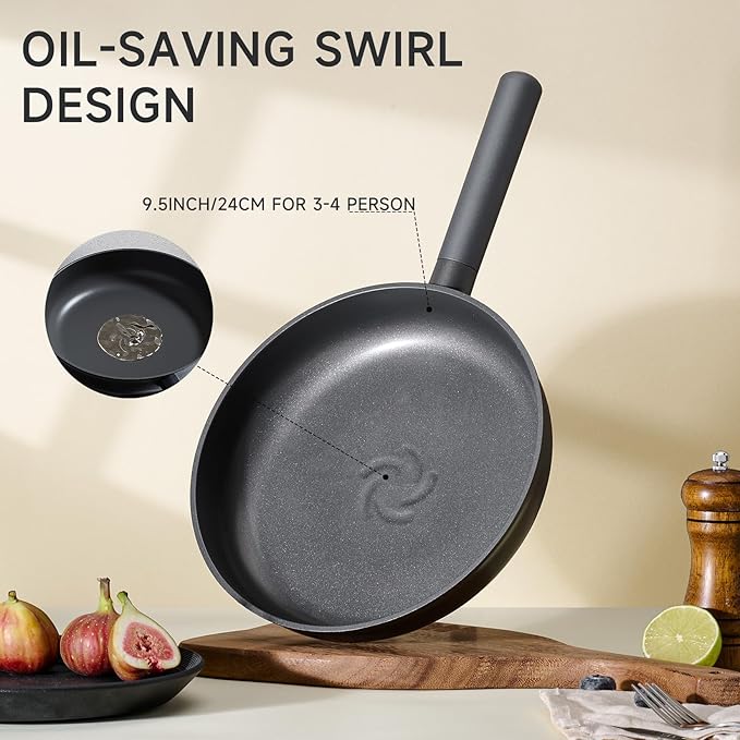 JEETEE 9.5 Inch Nonstick Frying Pan with Titanium Coating, Non-Toxic Omelette Egg Pan with Stay-Cool Handle, PFOA/PFOS Free, Induction Compatible, Skillet Dishwasher & Oven Safe - Grey