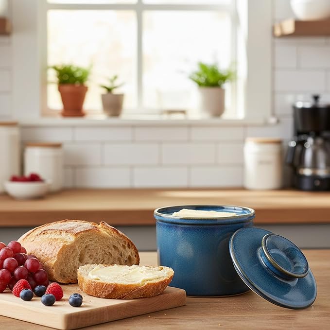 French Butter Dish, Butter Crock for Counter with Water Line, Ceramic Butter Keeper for Spreadable Butter - Chrismas Gift Home Kitchen Decor - Reactive Glaze Collection - Blue