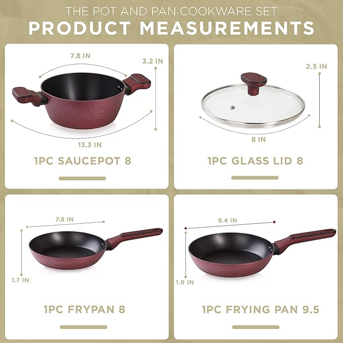 Moss & Stone 4 Piece Nonstick Cookware Set, Small Pots And Pans Set Non stick With Glass Lid, Induction Cookware, Stay Cool Handle, PTFE/PFOA, Kitchen Cookware 4-Piece with Frying Pans Set & Saucepan