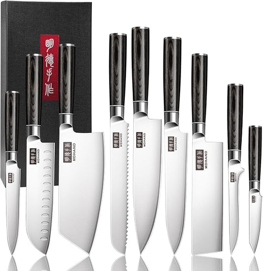 MDHAND Knife Set, 9PCS Professional Japanese Kitchen Knife Set, High Carbon Stainless Steel Chef Knife Sets - Pakkawood Handle for Professional Chef, Cooking, Cutting, Dishwasher Safe, Elegant Box