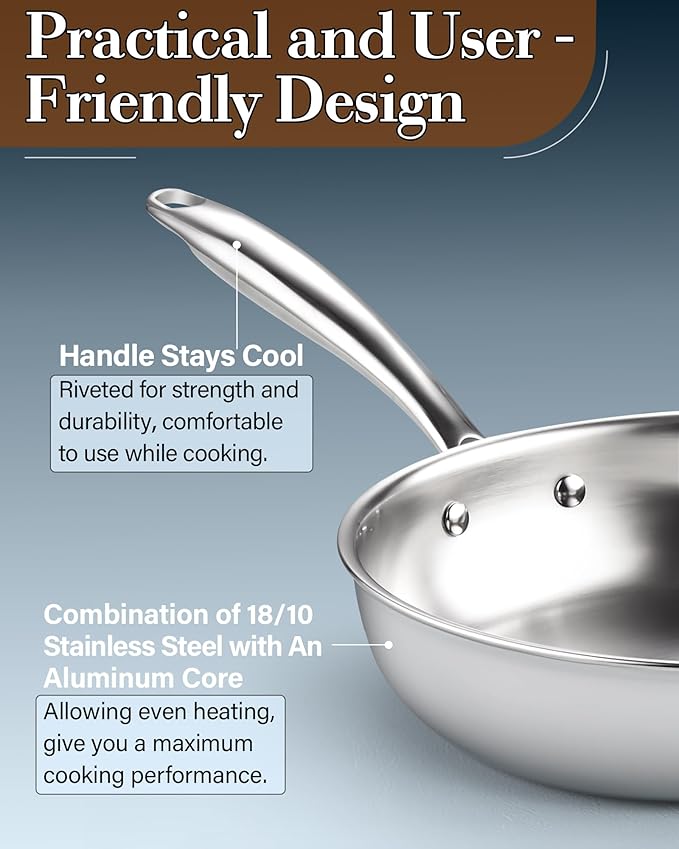 Cook N Home 10-inch Stainless Steel Frying Pan, Tri-Ply Clad 18/10 Stainless Steel Skillet Sauté Cooking Fry Pan, Induction Cookware, Silver
