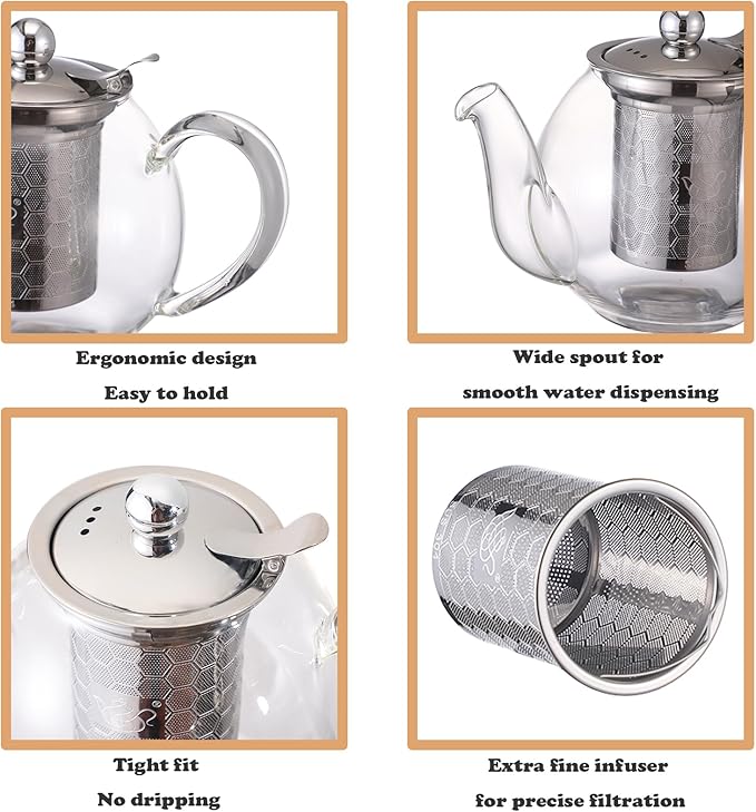 1000ml/35oz Hand Painted Pattern Glass Teapot For Stovetop,Tea Pot For Loose Tea,Glass Tea Kettle With Infuser (Rose)