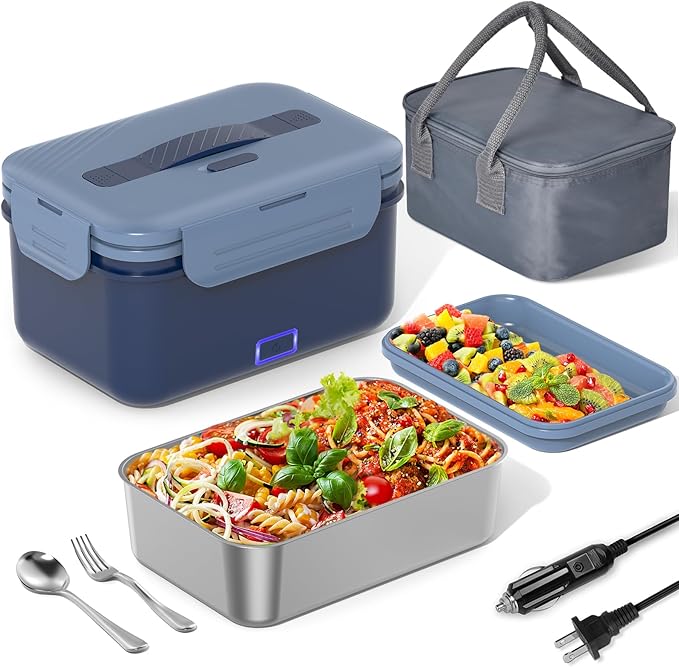 Electric Lunch Box Food Heater, 1.8L Portable Food Warmer 100W Leakproof Heated Lunch Box for Adults Car/Truck/Office with Fork Spoon Carry Bag, 12V/24V/110V