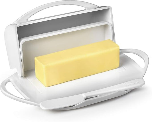 Butterie Flip-Top Butter Dish with Lid & Matching Knife, Holds 2 Sticks/European Butter, No-Mess Butter Holder, Shatterproof, Dishwasher Safe, White