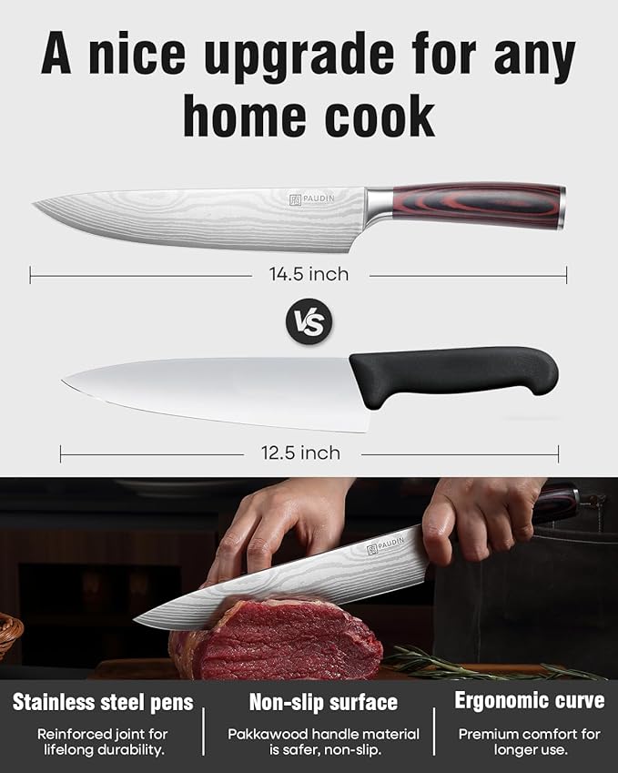 PAUDIN Chef Knife - 9 Inch Sharp Kitchen Knife with Sheath, High Carbon Stainless Steel Japanese cooking knives with Ergonomic Handle, Premium Gift Box