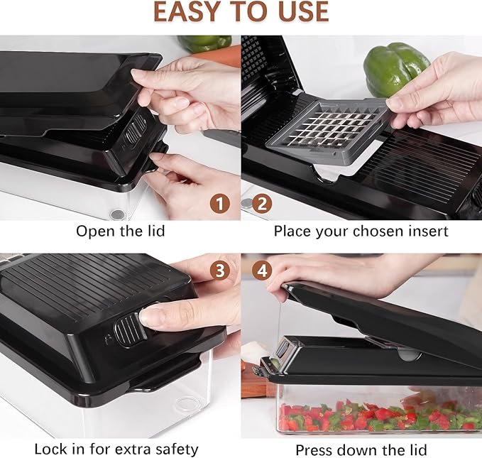 LHS Professional Multifunctional Vegetable Chopper Pro Food Chopper with Food Storage Containers, Mandoline Slicer Onion Dicer Fruit Cutter, Kitchen Gadgets and Home Essentials(7 in 1, Black)