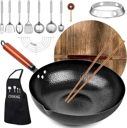 kaqinu Carbon Steel Wok Pan, 14 Piece Woks & Stir-Fry Pans Set with Wooden Lid Cookwares, No Chemical Coated Flat Bottom Chinese Pan for Induction, Electric, Gas, Halogen All Stoves - 12.6''