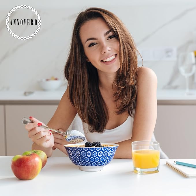 Annovero Cereal Bowl - Dishes for Serving Soup, Salad, Breakfast - Decorative Colorful Porcelain Bowls for Kitchen - Microwave, Dishwasher, Oven Safe - Zero Lead & Cadmium - 23 Oz - Set of 6