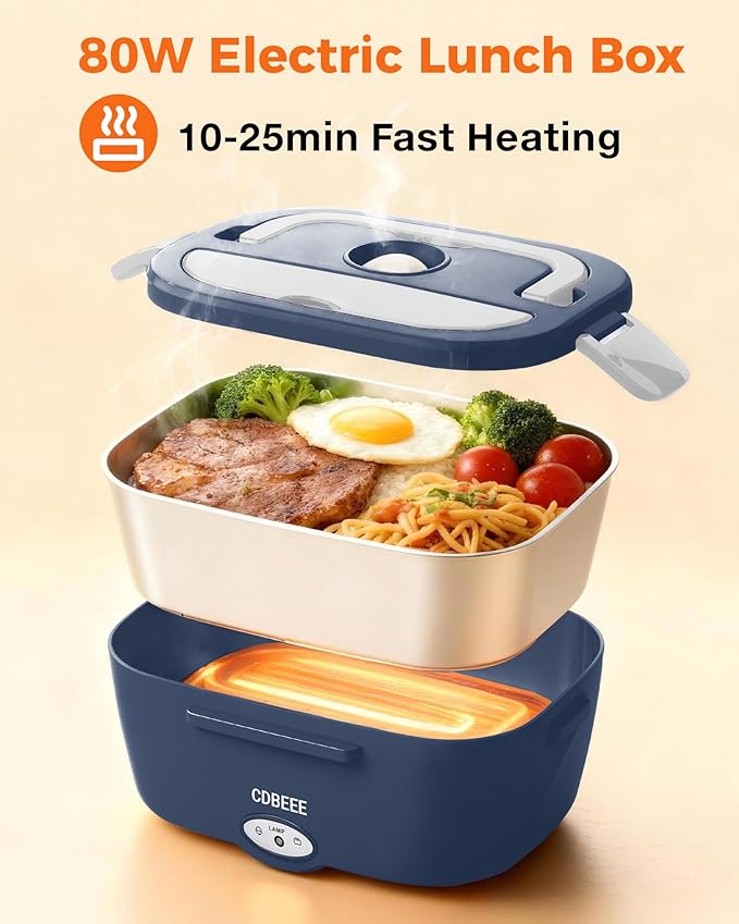 Electric Lunch Box Food Heater - 80W Fast Heating, 1.5L Heated Lunch Box Leak-Proof 304 Stainless Steel Portable Food Warmer, (12V/24V Car/Truck & 110V Home), Ideal for Work/Travel（Blue-white）