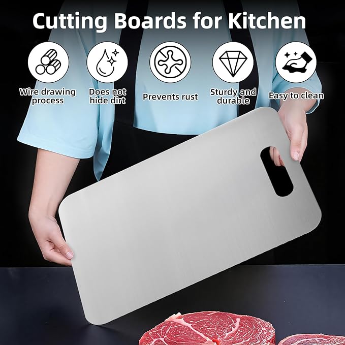 Stainless steel chopping board, food-grade 304 kitchen cutting board, double-sided use, available in three sizes, odorless, easy to clean and non-toxic three-piece set