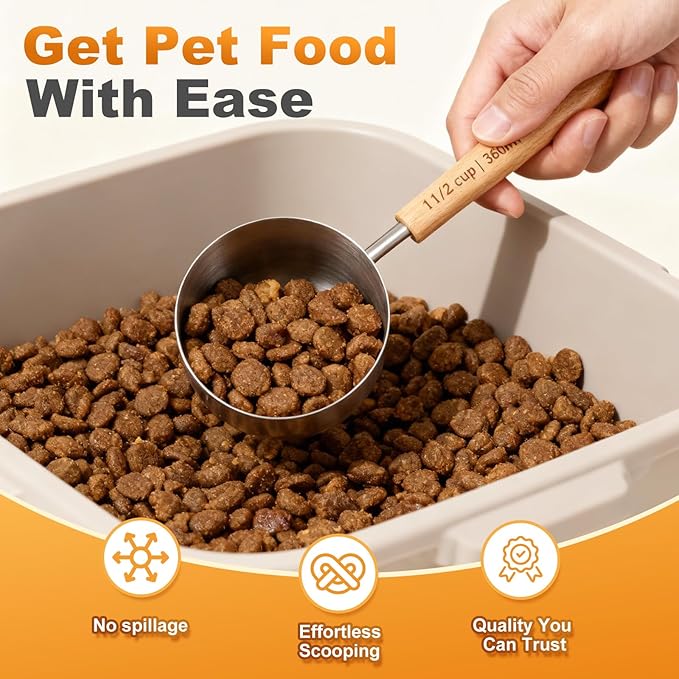 1PCS 1Cup(240ml | 8oz) Dog Cat Food Scoop, 18/8(304) Stainless Steel Measuring Cup with Wooden Handle, Etched Measurements Inside, BPA Free Portion Control for Pets & Kitchen Use